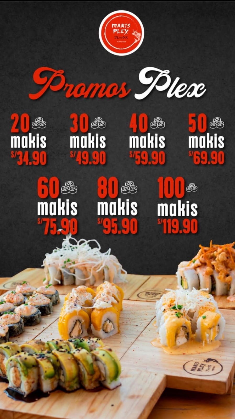 Los makis de Makis Plex, con diferentes coberturas, servidos en tablas de madera